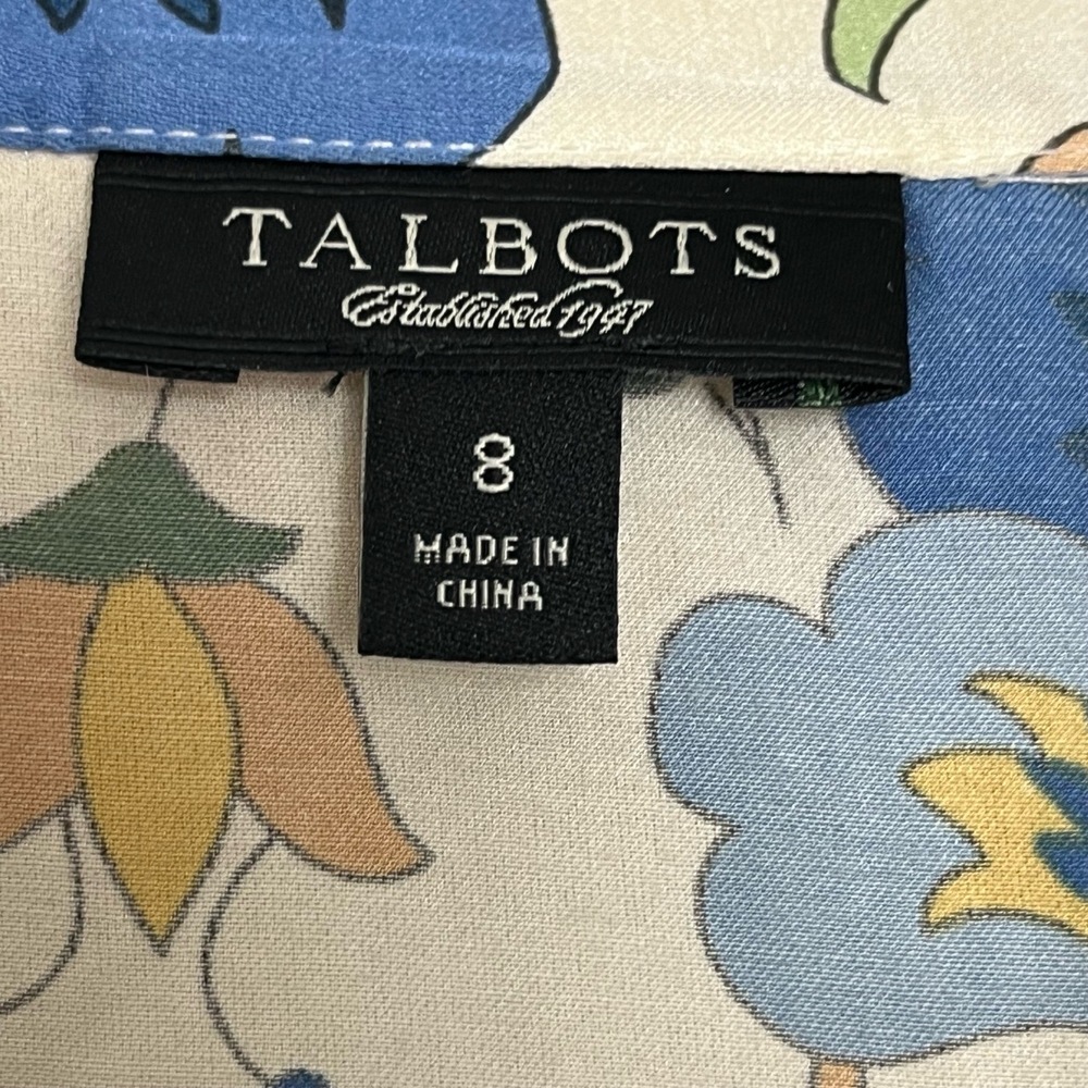 Talbots Silk Blue Floral Print Button Down Collared Neck Ruffled Front Blouse 8‎ - Picture 8 of 9
